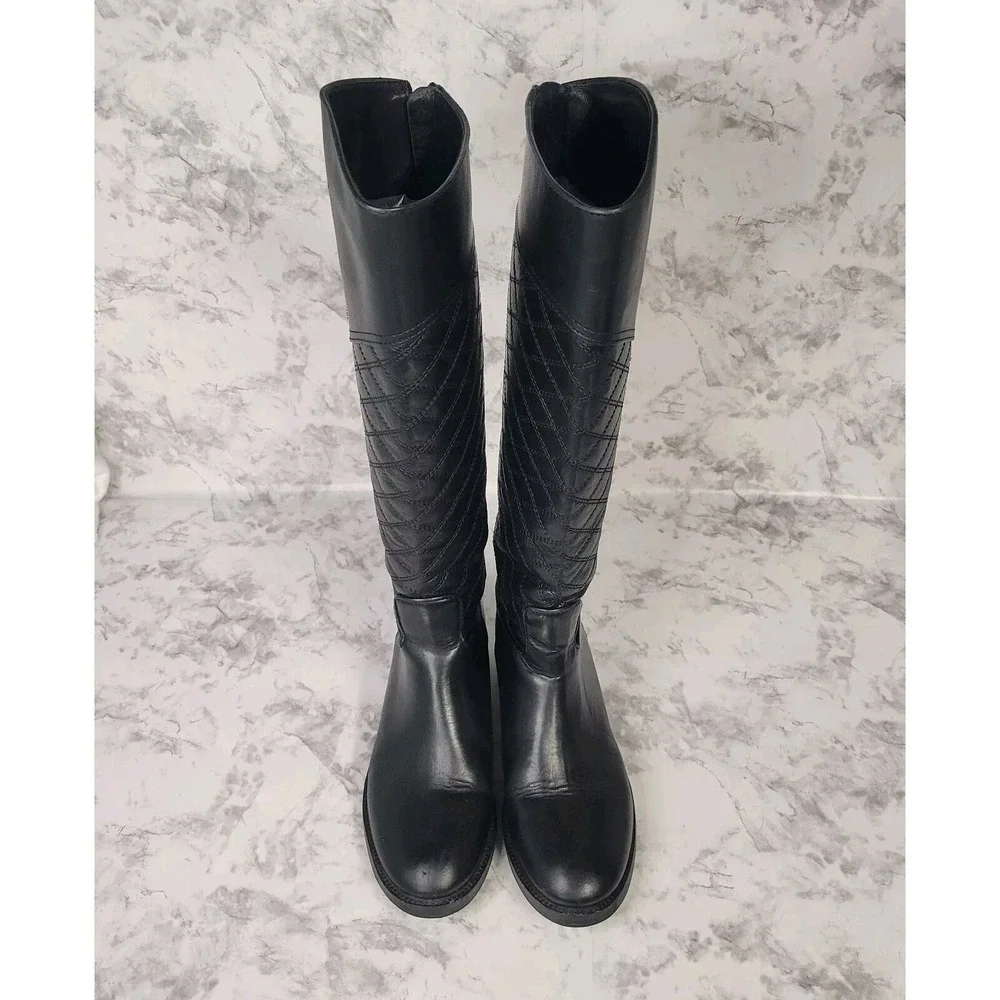 Tory Burch Black Quilted Leather Riding Boots Rear Zip Gold Logo 6.5M